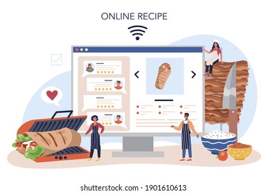 Kebab street food online service or platform. Chef cooking delicious roll with meat, salad and tomato. Shawarma fast food. Online recipe. Vector flat illustration