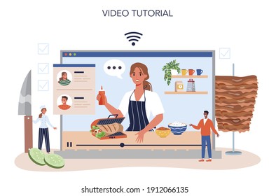 Kebab street food online service or platform. Chef cooking delicious roll with meat, salad and tomato. Shawarma fast food. Video tutorial. Vector flat illustration