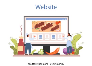 Kebab street food online service or platform. Chef cooking delicious roll with meat, salad and tomato. Shawarma fast food cafe. Website. Flat vector illustration