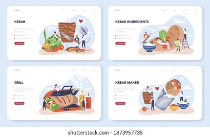 Kebab street food web banner or landing page set. Chef cooking delicious roll with meat, salad and tomato. Shawarma fast food cafe. Vector illustration in cartoon style