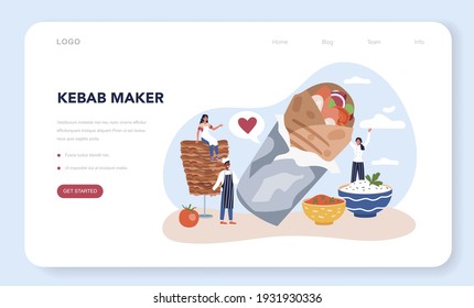 Kebab street food web banner or landing page. Chef cooking delicious roll with meat, salad and tomato. Shawarma fast food cafe. Vector illustration in cartoon style