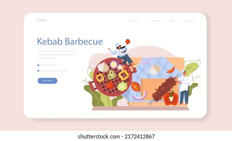 Kebab street food web banner or landing page. Chef cooking delicious roll with meat, salad and tomato. Shawarma fast food cafe. Vector illustration in cartoon style