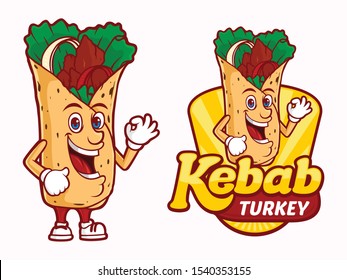 Kebab Turkey logo template, with funny character cartoon, fast food logo template