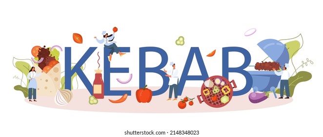 Kebab typographic header. Chef cooking delicious roll with meat, salad and tomato. Shawarma street fast food cafe. Vector illustration in cartoon style