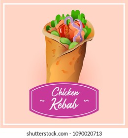 Kebab vector illustration. Rich tasty shawarma poster with pink label and text Chicken Kebab. It can be used for food industry, print on wrap paper as element for menu.