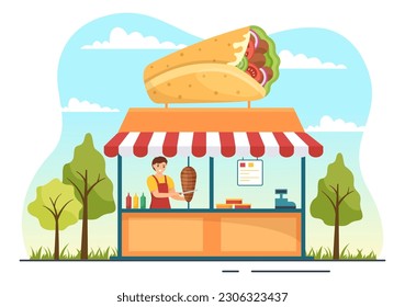 Kebab Vector Illustration with Stuffing Chicken or Beef Meat, Salad and Vegetables in Bread Tortilla Wrap in Flat Cartoon Hand Drawn Templates