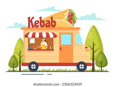 Kebab Vector Illustration with Stuffing Chicken or Beef Meat, Salad and Vegetables in Bread Tortilla Wrap in Flat Cartoon Hand Drawn Templates