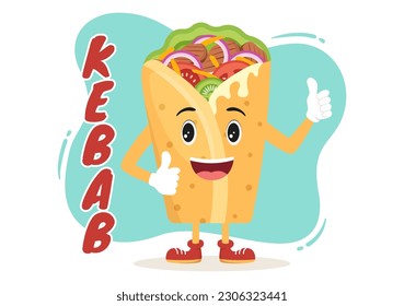Kebab Vector Illustration with Stuffing Chicken or Beef Meat, Salad and Vegetables in Bread Tortilla Wrap in Flat Cartoon Hand Drawn Templates