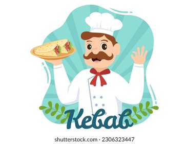 Kebab Vector Illustration with Stuffing Chicken or Beef Meat, Salad and Vegetables in Bread Tortilla Wrap in Flat Cartoon Hand Drawn Templates