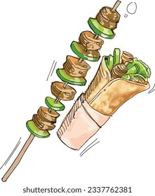 Kebab and wrap turkey food. Healthy and delicious. Created by watercolor effect. Vector file.