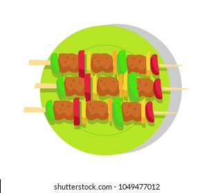 Kebabs set, roast meat, shashlik vector banner, illustration with meat pieces on wooden skewers, green plate, barbecue vegetables, grilled kebabs