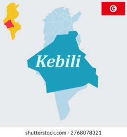 Kebili Tunisia Map - Second Largest Governorate, Saharan Oasis and Deglet Nour Dates Region Vector Outline.