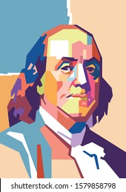 Kediri Indonesia Desember 5-2019: Benjamin Franklin on WPAP style, colorful pop art portrait