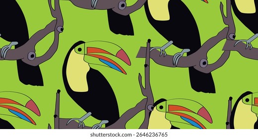 Um Desenho Animado Turco De Keel-Billed. Ilustração de vetor. Papel de parede de padrão contínuo.