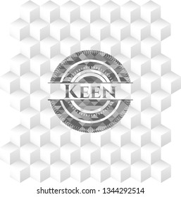 Keen grey emblem. Retro with geometric cube white background