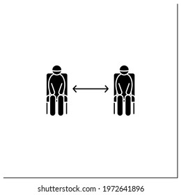 Keep apart glyph icon.People in waiting area keeping social distance.Corona virus safety measures for waiting areas, airports,public places.Filled flat sign. Isolated silhouette vector illustration