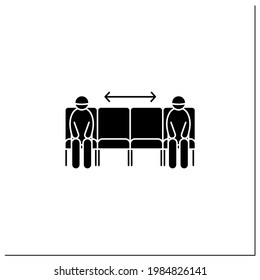 Keep apart glyph icon.People in waiting area keeping social distance.Corona virus safety measures for waiting areas, airports, public places.Filled flat sign. Isolated silhouette vector illustration