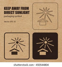 Keep away from Direct Sunlight vector packaging symbol on vector cardboard background. Handling mark on craft paper background. Can be used on a box or packaging. Vector EPS 10.