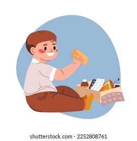 Keep away kid from danger, isolated toddler playing with medicine. Curious infant with box of pills and syrups against flu. Risk of swallowing antibiotics and hurting oneself. Vector in flat style