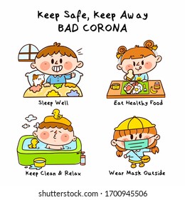 Keep Away Keep Safe From Bad Corona Campaign Doodle Illustration Vector