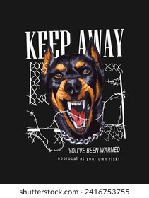 keep away slogan with angry dog in broken fence background hand drawn vector illustration