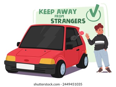 Keep Away From Strangers Rule. Kidnapper Character Entices Child With Candy From Car, Concept Teach Kids To Never Accept Gifts Or Rides From Unfamiliar Individuals. Cartoon People Vector Illustration