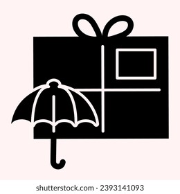 Keep away from water sign on box glyph icon. Umbrella and parcel package. Postal service vector design concept, solid style pictogram on white background, use for web and app. Eps 10