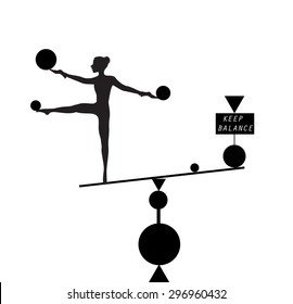 Keep balance, slim girl on balance scale with inscription keep balance, black and white, trick, in the circus, white background, shadows