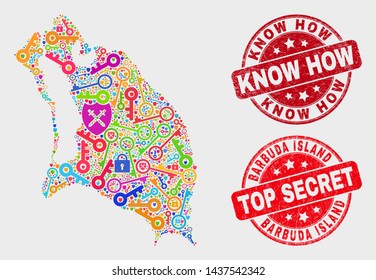 Keep Barbuda Island map and stamps. Red rounded Top Secret and Know How scratched seal stamps. Colored Barbuda Island map mosaic of different secure items. Vector collage for security purposes.