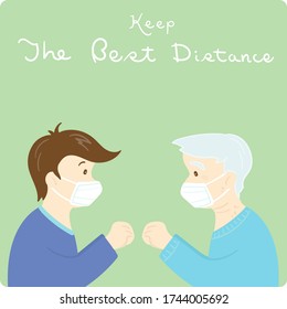 Keep the best distance for prevent of COVID-19.Arch hand and don't shake hands.Wear mask.Vector flat illustration.