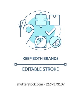 Keep both brands turquoise concept icon. Identity retention. Brand consolidation abstract idea thin line illustration. Isolated outline drawing. Editable stroke. Arial, Myriad Pro-Bold fonts used