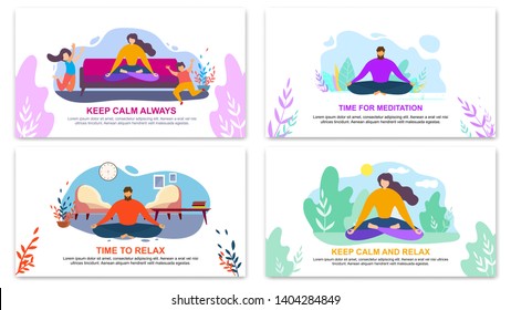 Keep Calm Always, Time For Meditation, Relax Banner Set. Cartoon People Meditate. Mother Meditation, Children Play, Woman Outdoors Yoga Practice, Man Lotus Position Indoors. Mindfulness Zen