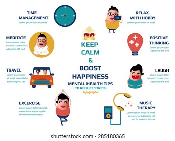 keep calm and boost happiness, mental health tips to reduce stress infographic, vector illustration.