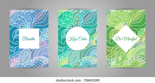 Keep calm, breathe and be mindful. Yoga and wellness motivational typography postcards on colorful zentangle style background with 
indian and asian motives.