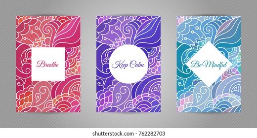 Keep calm, breathe and be mindful. Yoga and wellness motivational typography postcards on colorful zentangle style background with 
indian and asian motives.