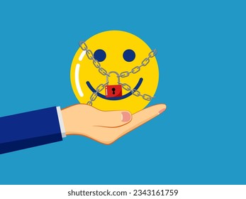 Keep calm. Businessman holding optimistic icon locked with padlock 