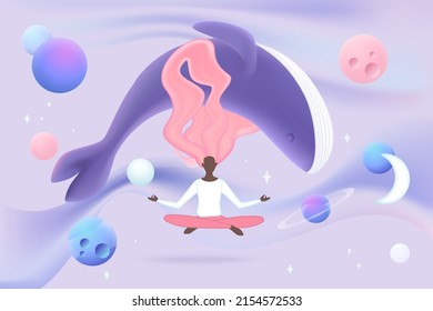 Keep calm and care spiritual health. Peaceful concentration and tranquil balance in zen lotus position of happy tiny woman training with whale 3d vector illustration. Wellness, harmony concept