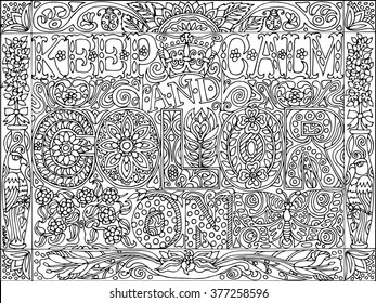 Keep Calm And Color On Adult Coloring Book Page Vector Art Sheet For Relaxation Therapy