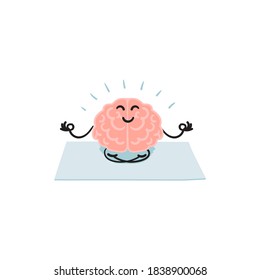 Keep calm concept,mental health.Meditating cartoon brain in lotus  position. Clip art illustration isolated on white background.