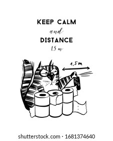 Keep calm and distance poster. Funny cat vector illustration