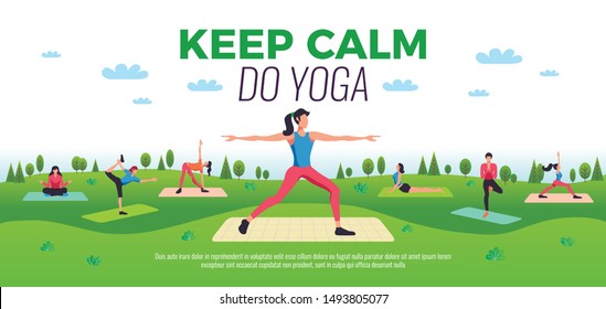 Keep Calm Do Yoga Online Classes Poses Advertisement Flat Horizontal Composition With Outdoor Practicing People Vector Illustration  