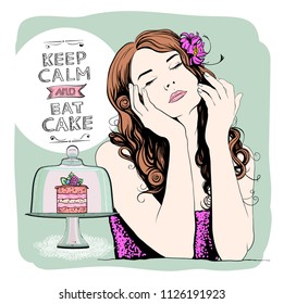 Keep calm and eat cake, design with calm pretty woman portrait dreaming about a sweets