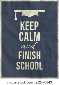 Keep calm and finnish school design typographic quote on dark blue crumpled paper texture with frame