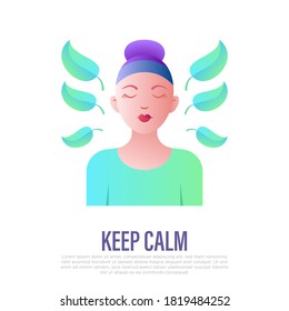 Mantener la calma: chica con los ojos cerrados y se va. Meditación, bienestar, concentración, alivio del estrés, relajación. Estilo de gradiente plano. Ilustración vectorial.