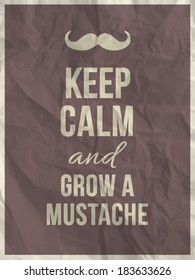 "Keep calm and grow a mustache" quote on crumpled paper texture background with frame - vector poster