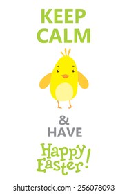 Keep calm and have a Happy Easter phrase poster with hipster bunny cartoon character. Vector illustration.