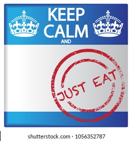 A keep calm and just eat badge isolated on a white background