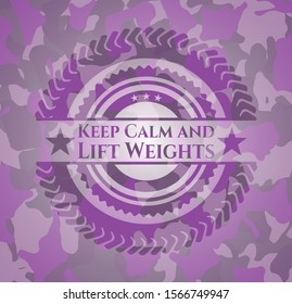 Keep Calm and Lift Weights pink camouflaged emblem. Vector Illustration. Detailed.