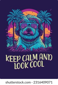 Keep Calm and Look Cool t shirt design, vibrant neon colors with a retro style, suitable for printing on t-shirts, prints, posters, mobile cover