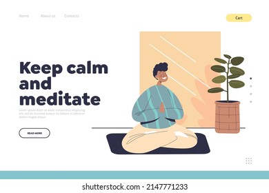 Keep calm and meditate concept of landing page with man practice yoga at home. Relaxed young male relax for mental balance and stress relief. Guy sit in lotus pose. Cartoon flat vector illustration